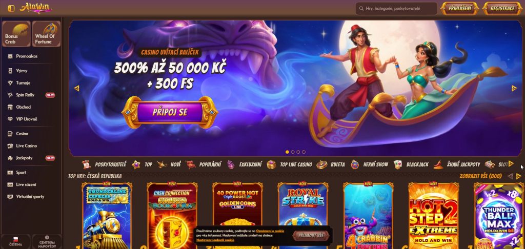 Screenshot hlavní stránky online kasina Alawin s uvítacím balíčkem až 2 000 € a 300 roztočeními zdarma