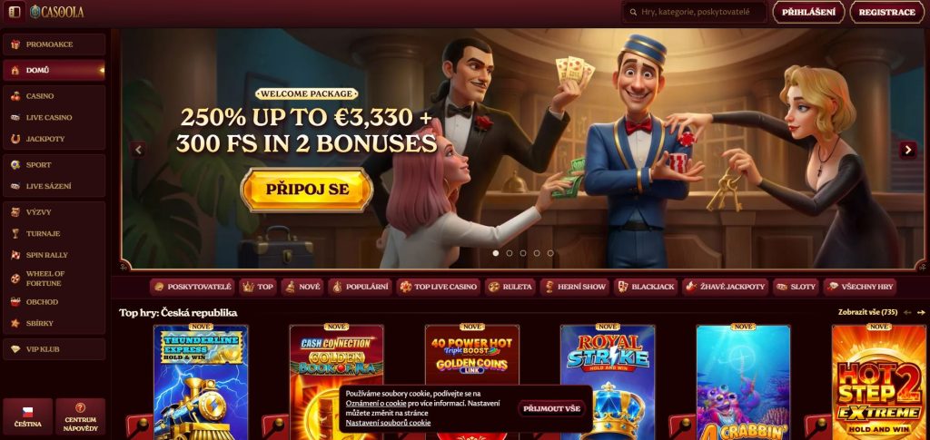 Screenshot hlavní stránky online kasina Casoola s uvítacím balíčkem až 5 000 Kč a 200 roztočeními zdarma
