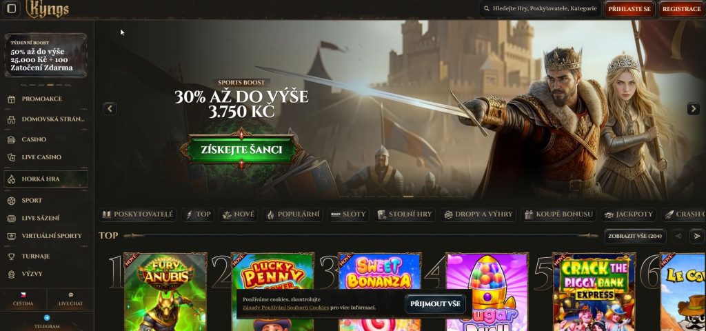 Screenshot hlavní stránky online kasina Kyngs se širokou nabídkou automatů a stolních her, uvítacím bonusem až 500 € a VIP programem