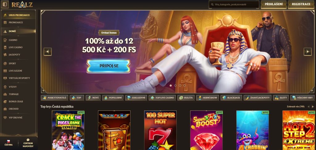 Screenshot hlavní stránky online kasina Realz s vícestupňovým uvítacím balíčkem až do výše 200 % a 100 roztočeními zdarma a týdenními reload bonusy