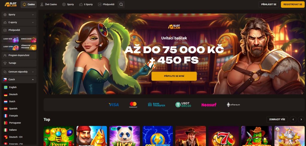 Screenshot hlavní stránky online kasina SlotLair s uvítacím bonusem až 100 € a 50 roztočeními zdarma a hrami od renomovaných vývojářů