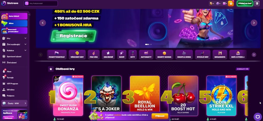Screenshot hlavní stránky online kasina Slotrave s uvítacím balíčkem až 5 000 $ a 150 roztočeními zdarma a katalogem více než 7 000 her