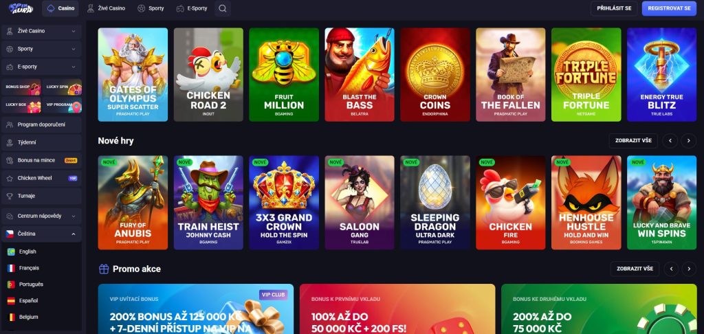 Screenshot hlavní stránky online kasina SpinAura s uvítacím balíčkem až 15 000 € a 350 roztočeními zdarma rozdělenými mezi první čtyři vklady