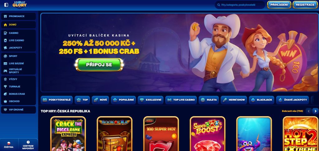 Obrázek online kasina Spins of Glory ukazuje nabídku roztočení zdarma a bonusů pro nové hráče