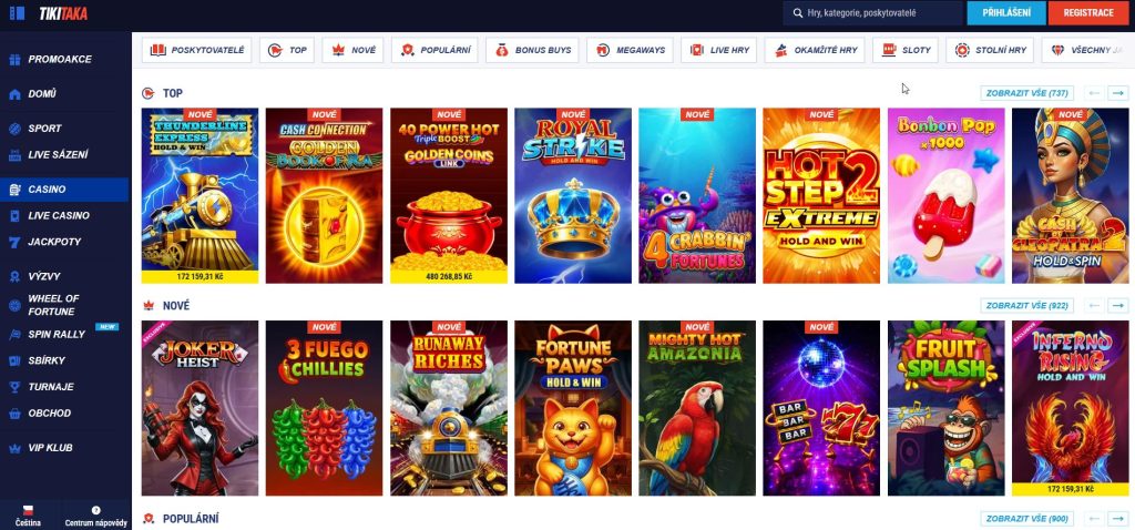 Screenshot hlavní stránky online kasina Tikitaka s 100% bonusem k prvnímu vkladu až do 5 000 Kč a exkluzivními hrami