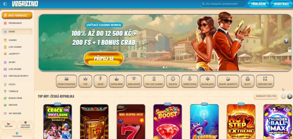 Screenshot hlavní stránky online kasina Vegasino s knihovnou více než 11 000 her a uvítacím bonusem až 500 € doplněným 200 roztočeními zdarma