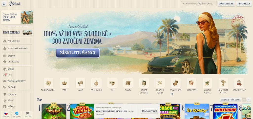 Screenshot hlavní stránky online kasina VipLuck s uvítacím bonusem k prvnímu vkladu a roztočeními zdarma